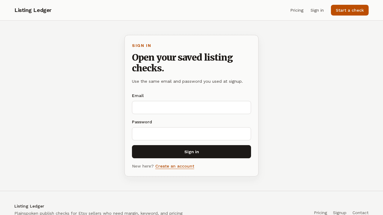 Listing Ledger dashboard showing listing inputs, saved checks, and a recommendation workflow